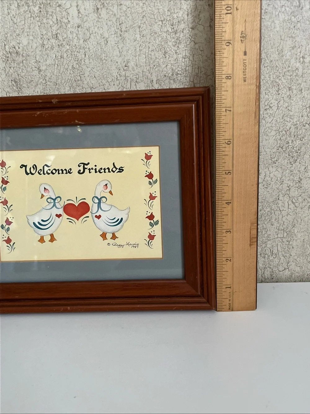 Wooden Framed Folk Art Blue Geese Welcome Friends Pennsylvania Dutch Americana